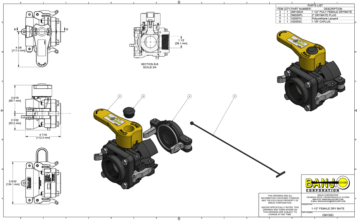 Banjo Poly Dry Mate Female X Female NPT With FKM Seals, 1-1/2" - DM150D
