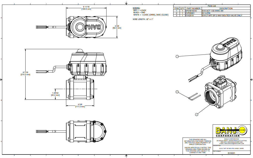 Banjo 2 Inch Standard Port EVX Electric On/Off Valve, 12 Volt, 3 Wire - EVX201