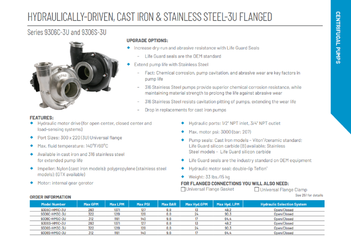 Hypro Hydraulic Centrifugal Pump Universal Flange 300 x 220 (3U) With Lifeguard Seal (B) - 9306C-HM1C-B3U