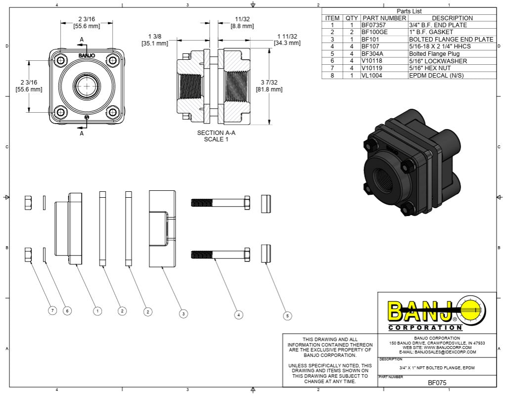 Banjo Full Port Threaded Bolted Tank Flange with EPDM Gaskets 3/4" X 1" - BF075