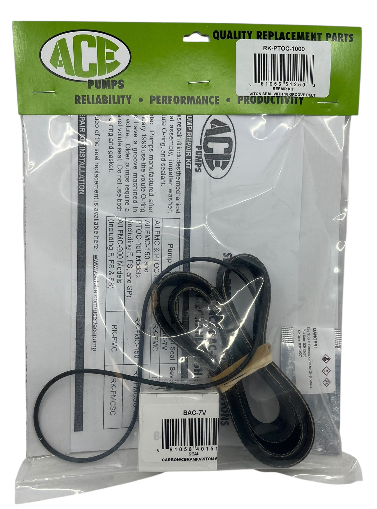 Ace Pumps Repair Kit for Belt Driven Centrifugal PTOC-1000 Series Pump - RK-PTOC-1000