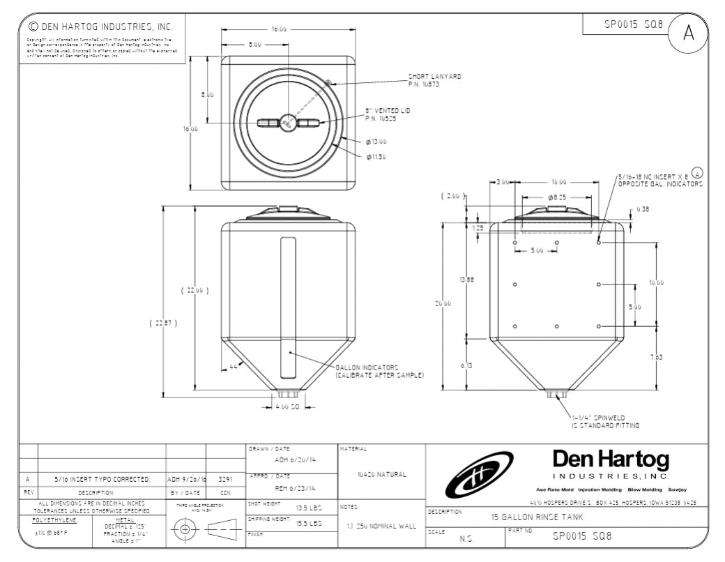 Ace Roto-Mold Sloped Bottom 15 Gallon Square Rinse White Tank 8" Lid - SP0015-SQ8