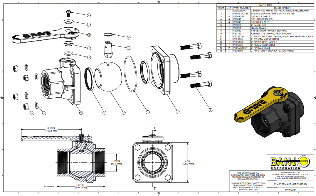 Banjo 2 Inch Full Port Poly Stubby Ball Valve 2" Female X 2" FNPT - VS204FP