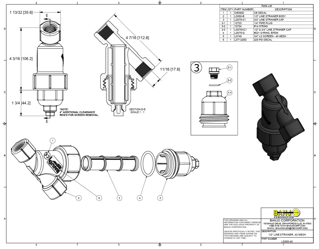 Banjo Y Strainer With 40 Mesh Stainless Steel Screen 1/2" X 1/2" FNPT - LS050-40