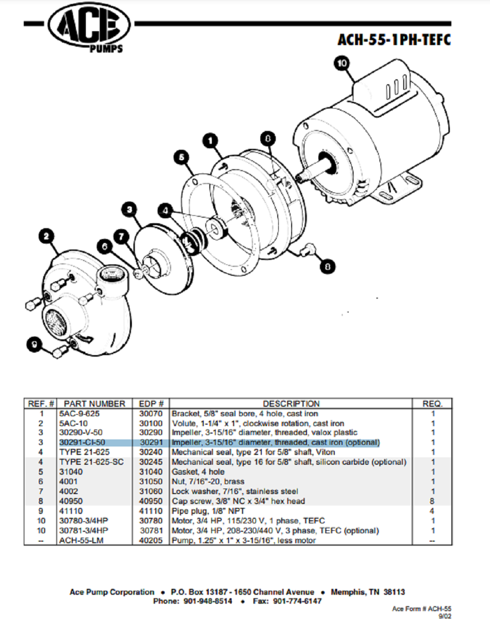 Ace Pumps Threaded Cast Iron Impeller For ACH-55, 3-15/16" Diameter - 30291-CI-50