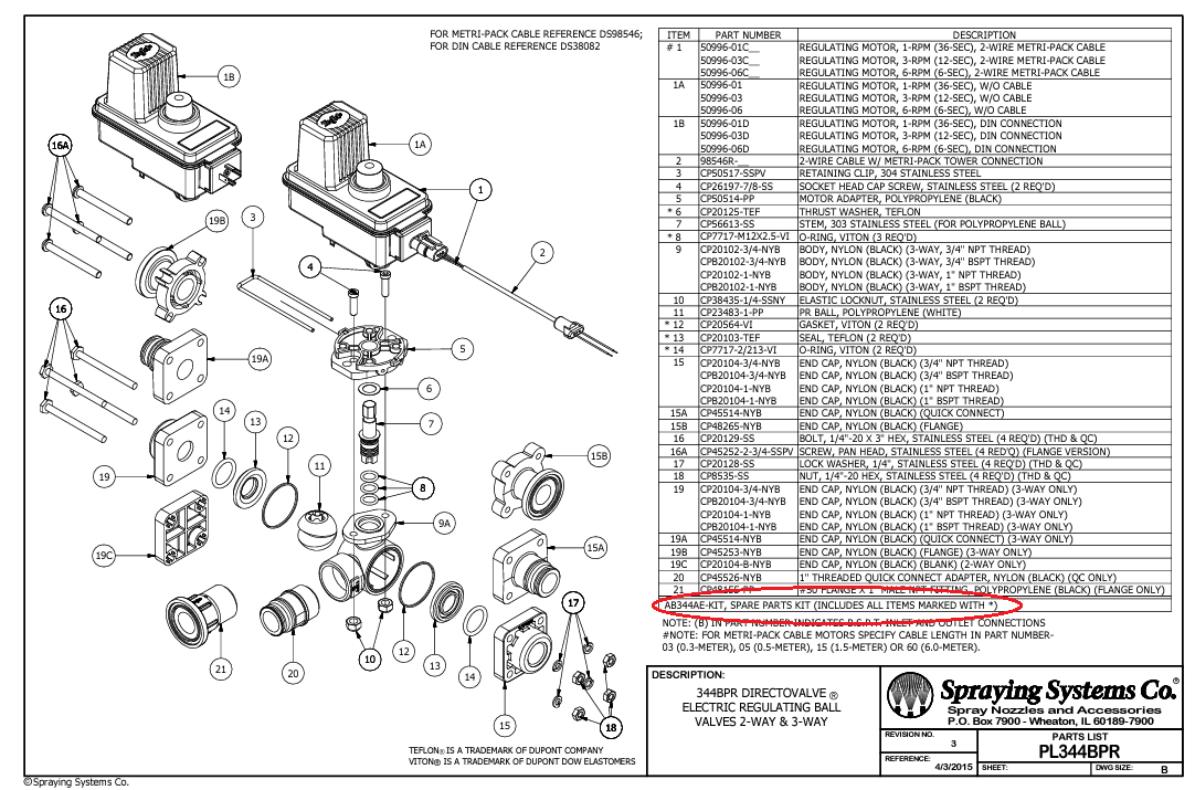TeeJet Valve Repair Kit for 344A and 344B Ball Valves, 300 PSI - AB344AE-KIT