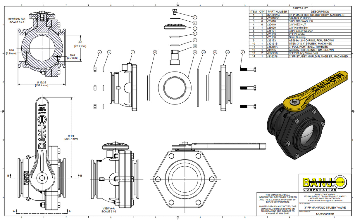 Banjo 3 Inch Full Port Manifold Flange Stubby Valve - MVS300CFFP