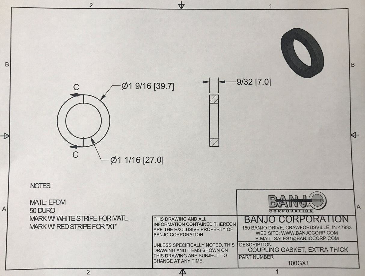 Banjo 1 Inch EPDM Extra Thick Gasket For Cam Lever Couplers - 100GXT