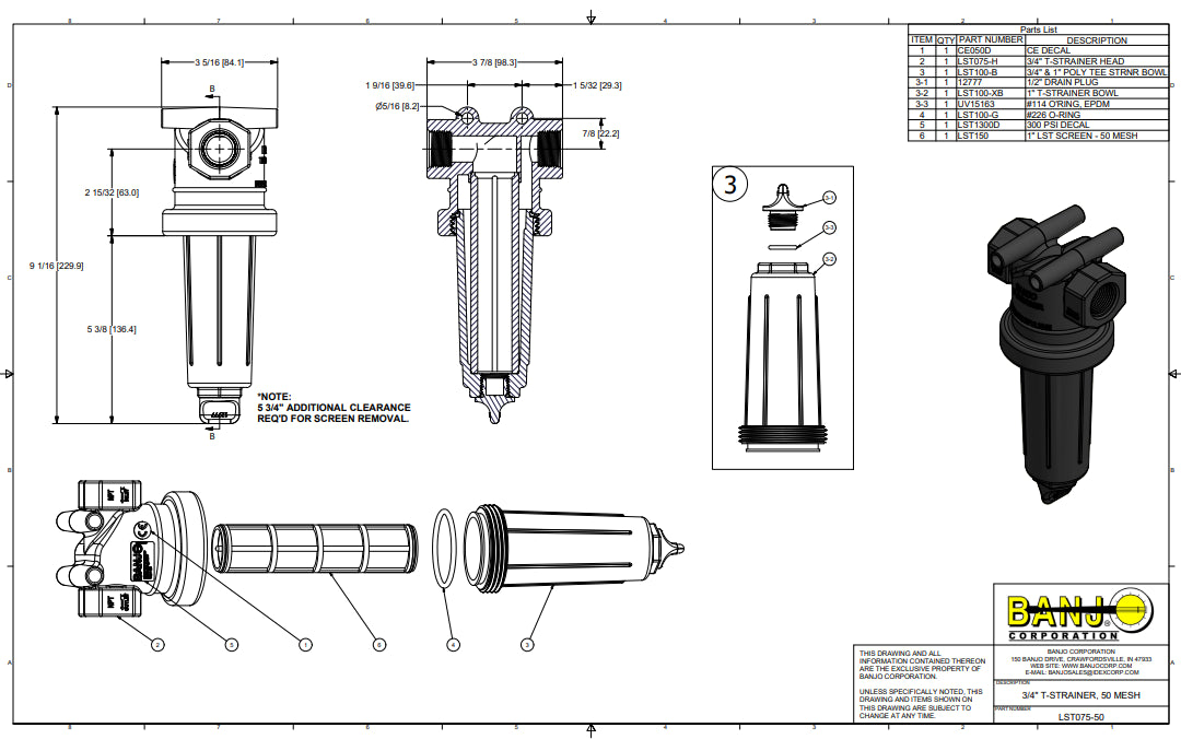 Banjo T Strainer With 50 Mesh Stainless Steel Screen 3/4" X 3/4" - LST075-50