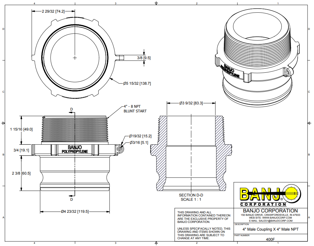 Banjo Poly Cam Lever Coupling 4" Male Adapter x 4" Male Thread - 400F