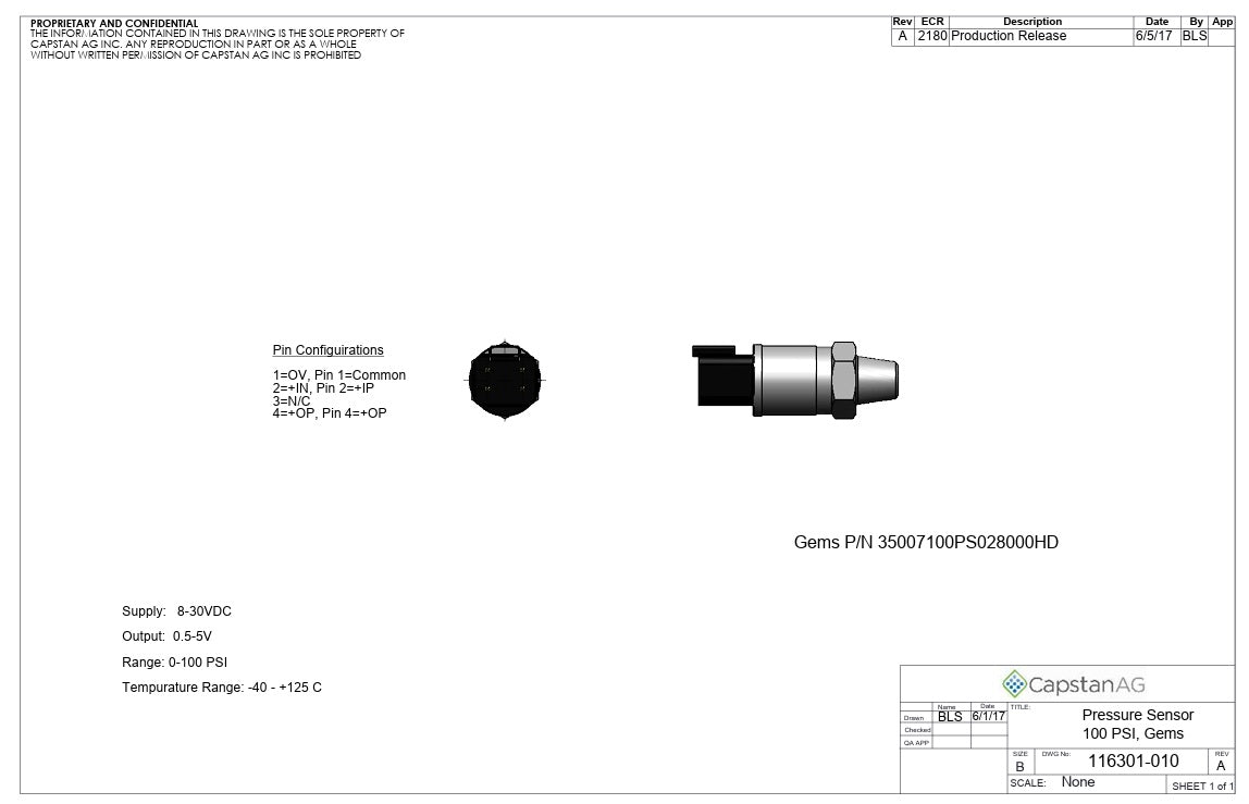 Capstan AG Pressure Sensor Transducer Kit With Harness 100 PSI - 116301-011