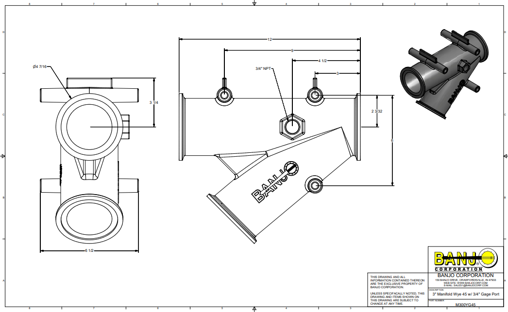 Banjo 3 Inch Full Port 45° Y Flange With 3/4" Gauge Port Manifold Flange - M300YG45