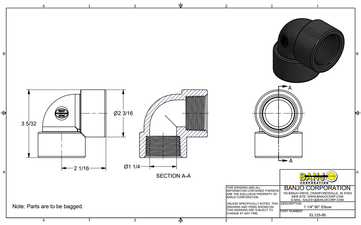 Banjo 90 Degree Polypropylene Pipe Elbow 1-1/4" NPT Female - EL125-90