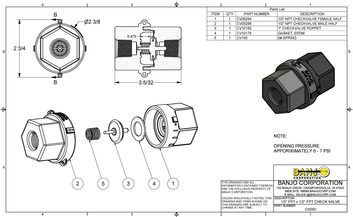 Banjo Full Port Check Valve Assembly, 1/2" FPT, 300 PSI - CV050