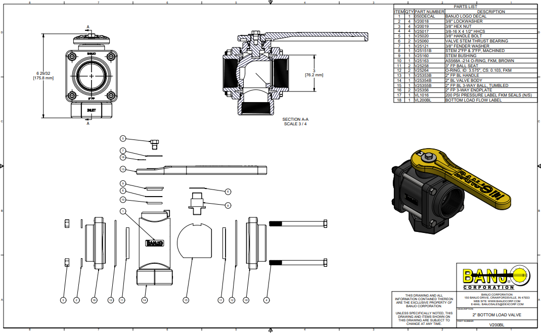 Banjo 2 Inch FPT Full Port Poly 3-Way Bottom Load Ball Valve - V200BL