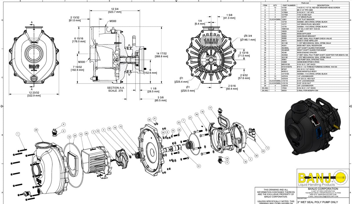 Banjo 3 Inch Wet Seal Poly Pump, 500 GPM - M350POW