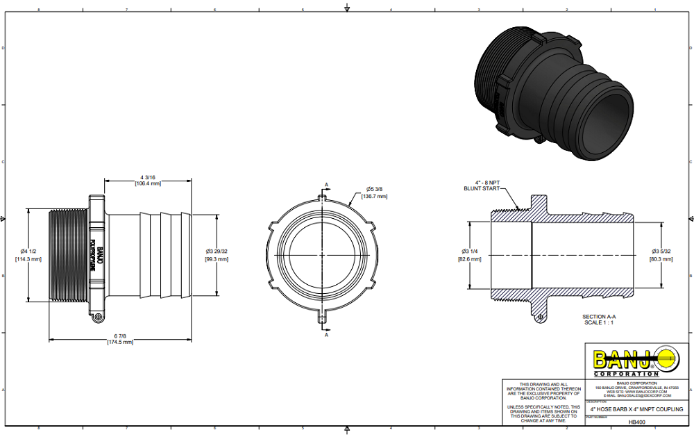 Banjo 4 Inch Polypropylene Hose Fitting 4" Male Thread X 4" Hose Barb - HB400