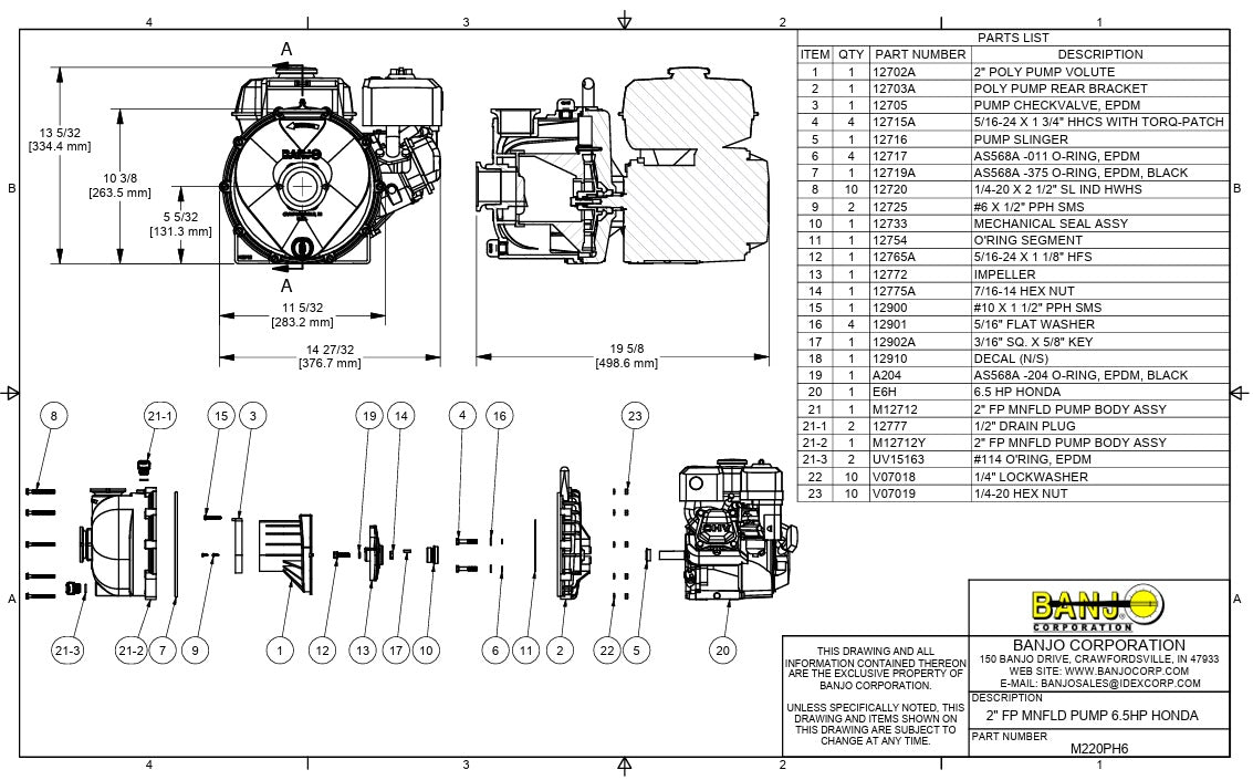 Banjo 2 Inch Full Port Manifold Poly Pump With 6.5 HP Honda Engine - M220PH6