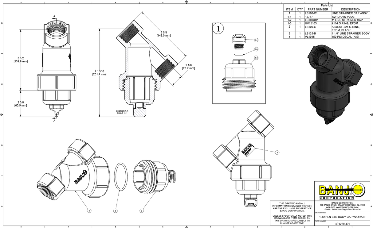 Banjo Polypropylene Y Line Strainer Body 1-1/4" FPT - LS125-B