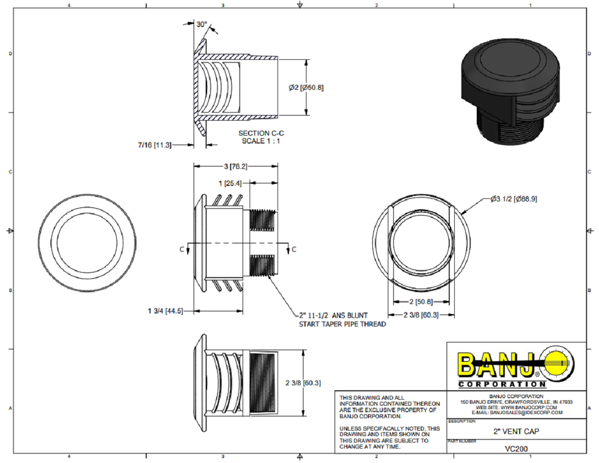 Banjo Poly Anti Vortex Vent Cap Without Screen 2" MNPT - VC200