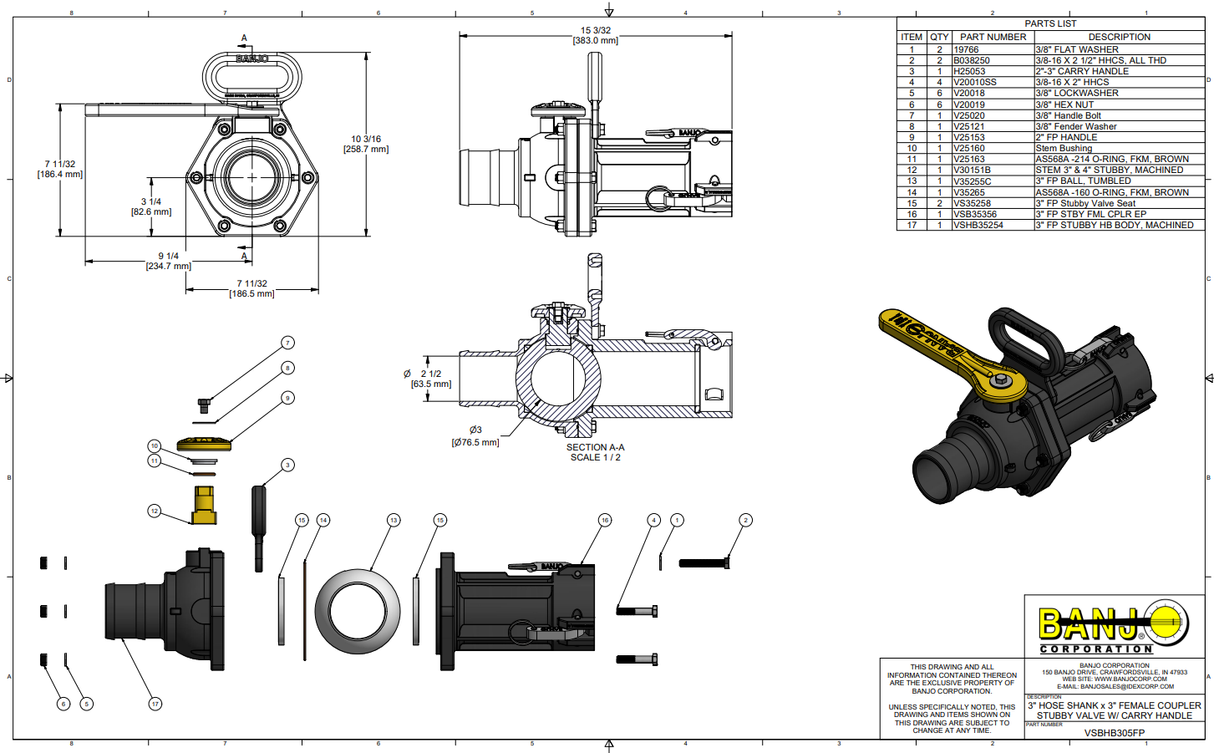 Banjo 3 Inch Full Port Easy-Fill Poly Valve With Carry Handle - VSBHB305FP