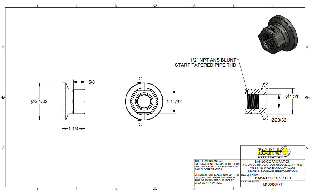 Banjo Manifold Flange Reducer Fitting 1" Flange X 1/2" Female Thread - M100050FPT
