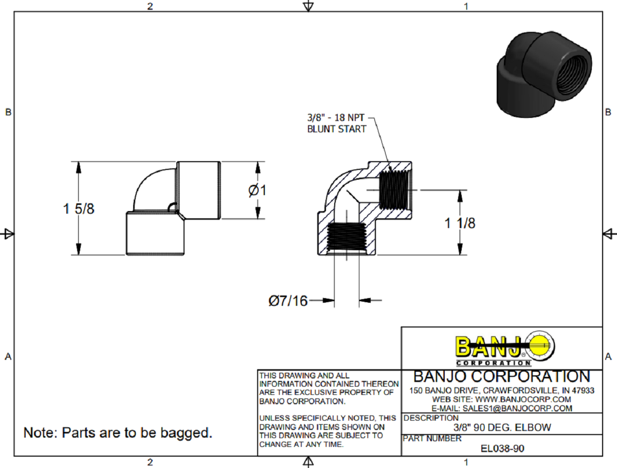 Banjo 90 Degree Polypropylene Pipe Elbow 3/8" NPT Female - EL038-90