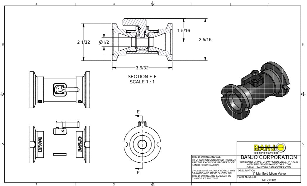 Banjo 1 Inch Poly Flange Manifold Micro Valve 300 PSI FKM Seals - MLV100V