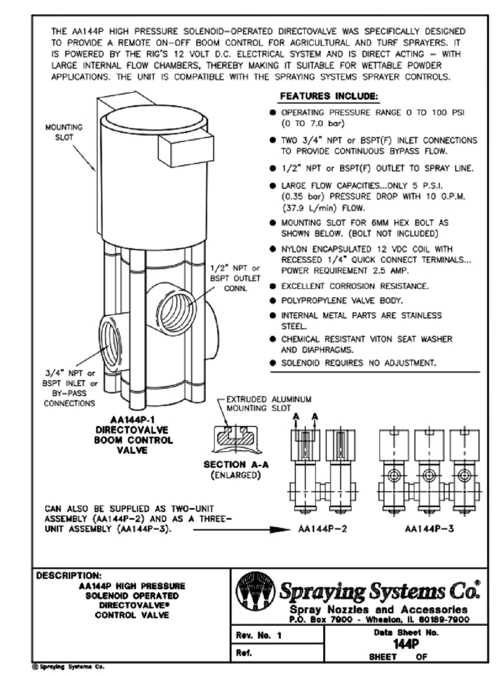 TeeJet DirectoValve Electric Control Single Solenoid Valve - AA144P-1
