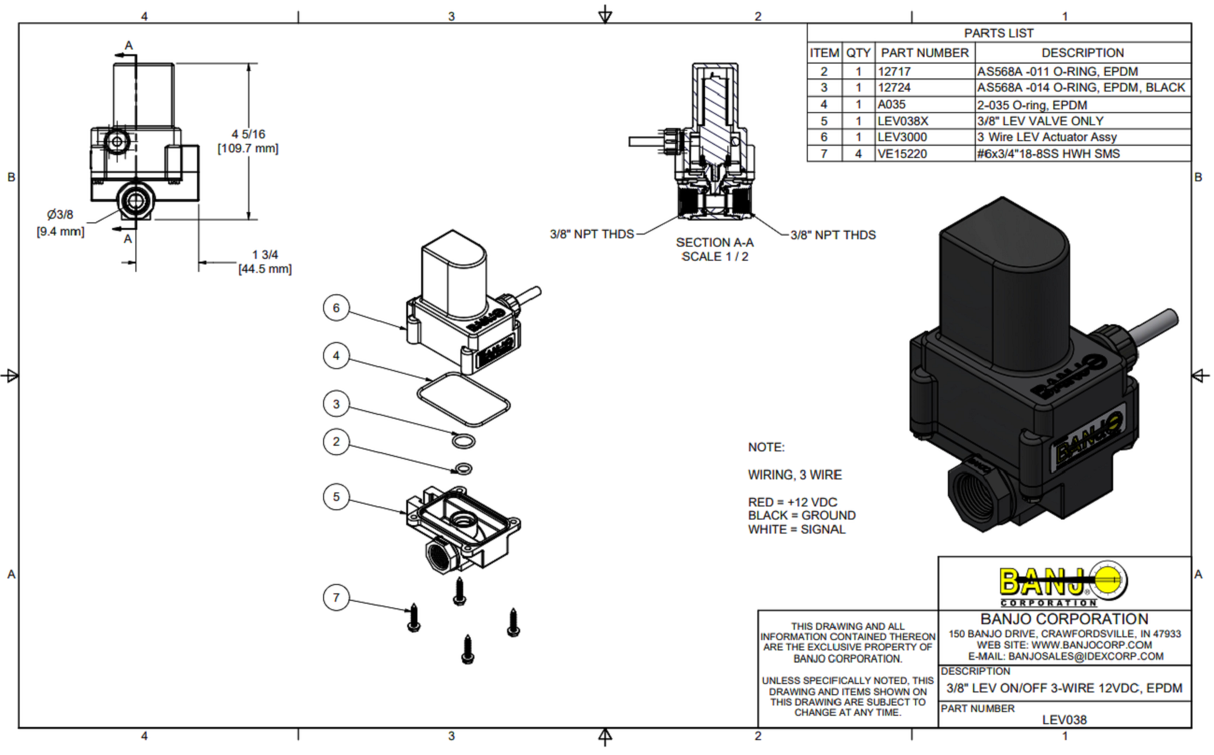Banjo 12 Volt 3 Wire Electric On/Off Valve ⅜" Full Port - LEV038