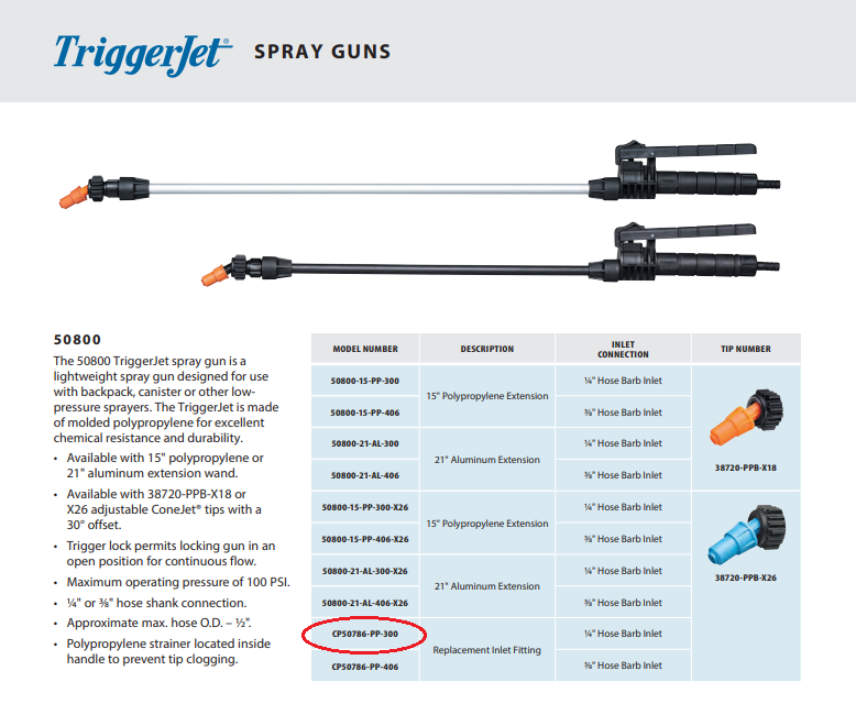 TeeJet Hose Barb Inlet Fitting for 50800 TriggerJet 1/4" HB - CP50786-PP-300