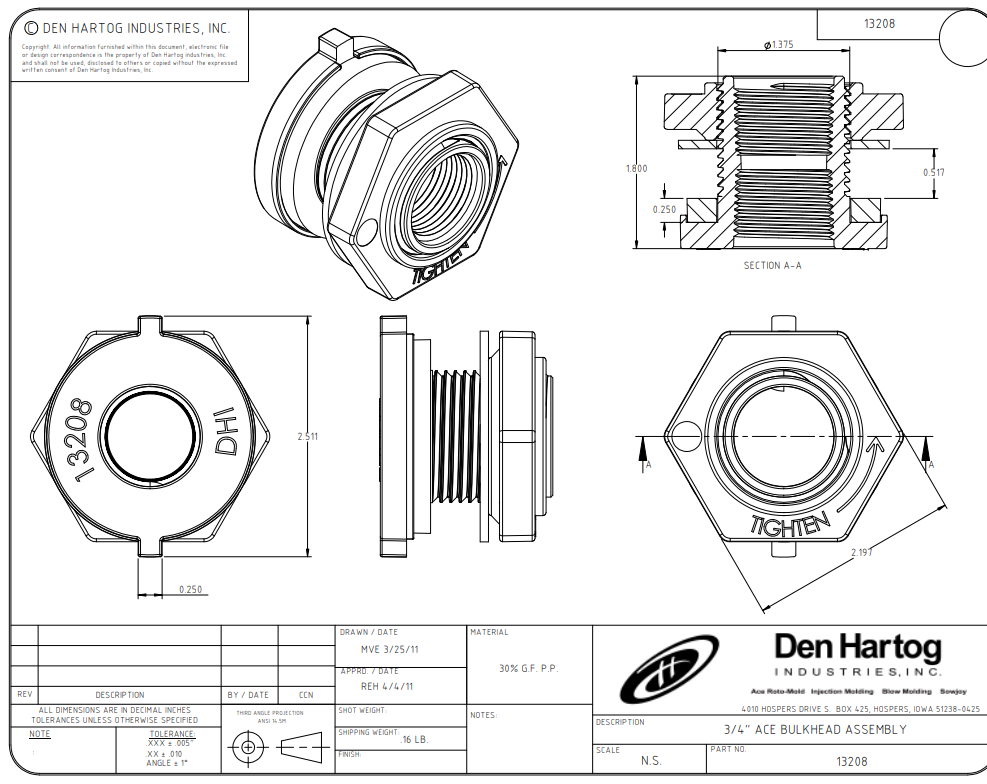 Ace Roto-Mold 3/4 Inch FPT Polypropylene Bulkhead Fitting - 13208