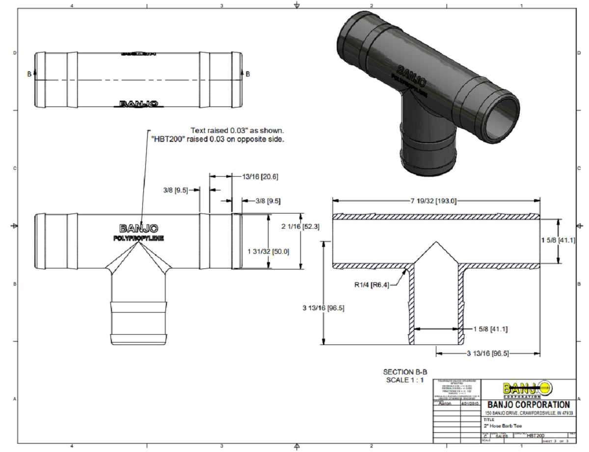 Banjo 2 Inch Poly Hose Barb Tee 2" Hose Barb X 2" Hose Barb - HBT200