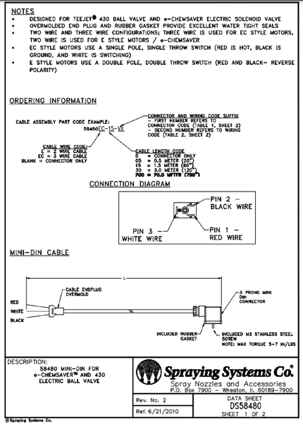 TeeJet 2 Wire Mini Din Cable With Bare Wire Connectors, 1.5' Cable - 58480E-05