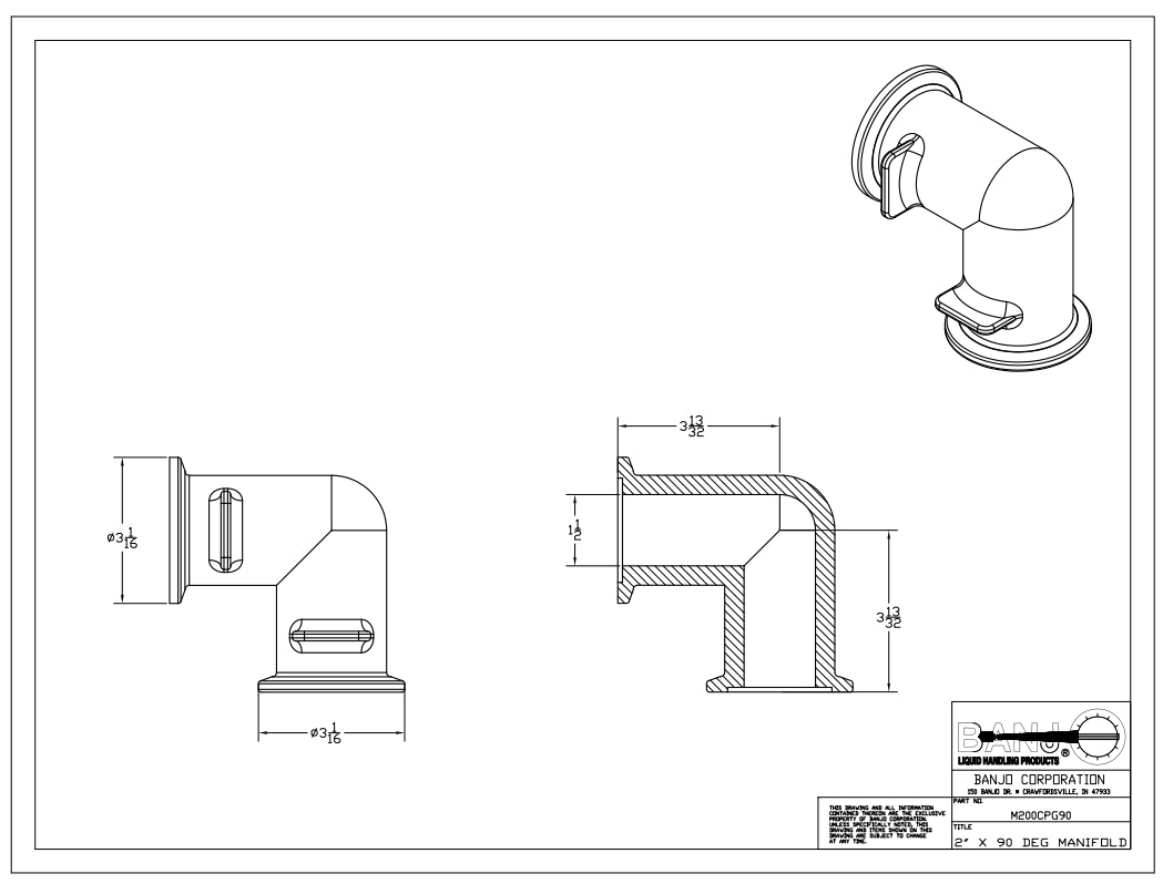 Banjo 90 Degree Manifold Flange Elbow 2" X 2" - M200CPG90