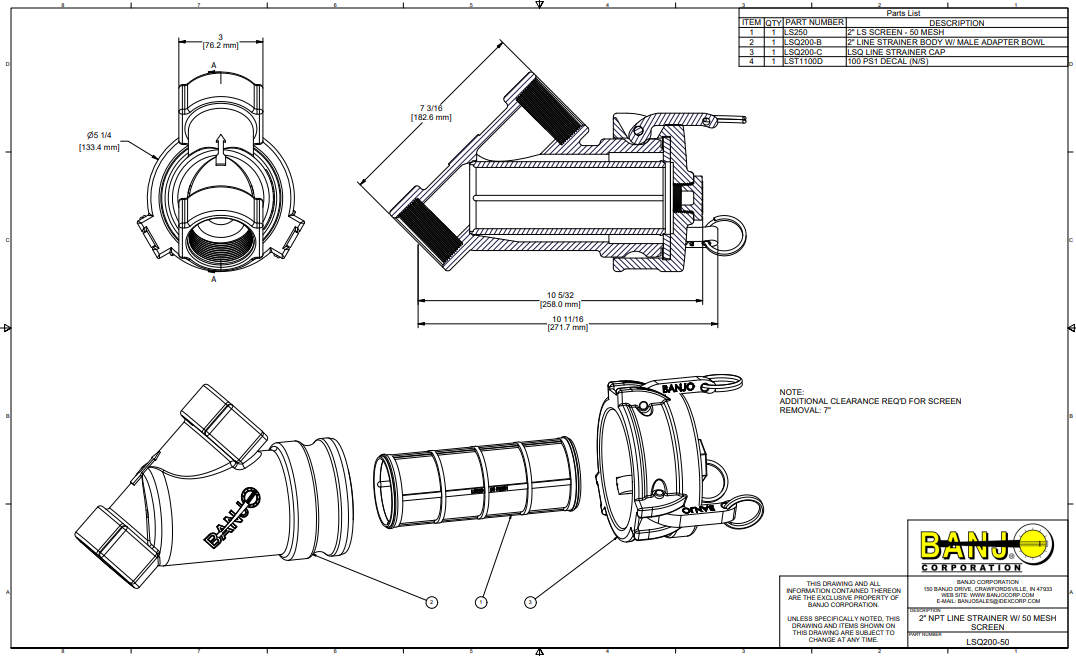 Banjo LSQ Strainer with 50 Mesh Screen 2" X 2" - LSQ200-50