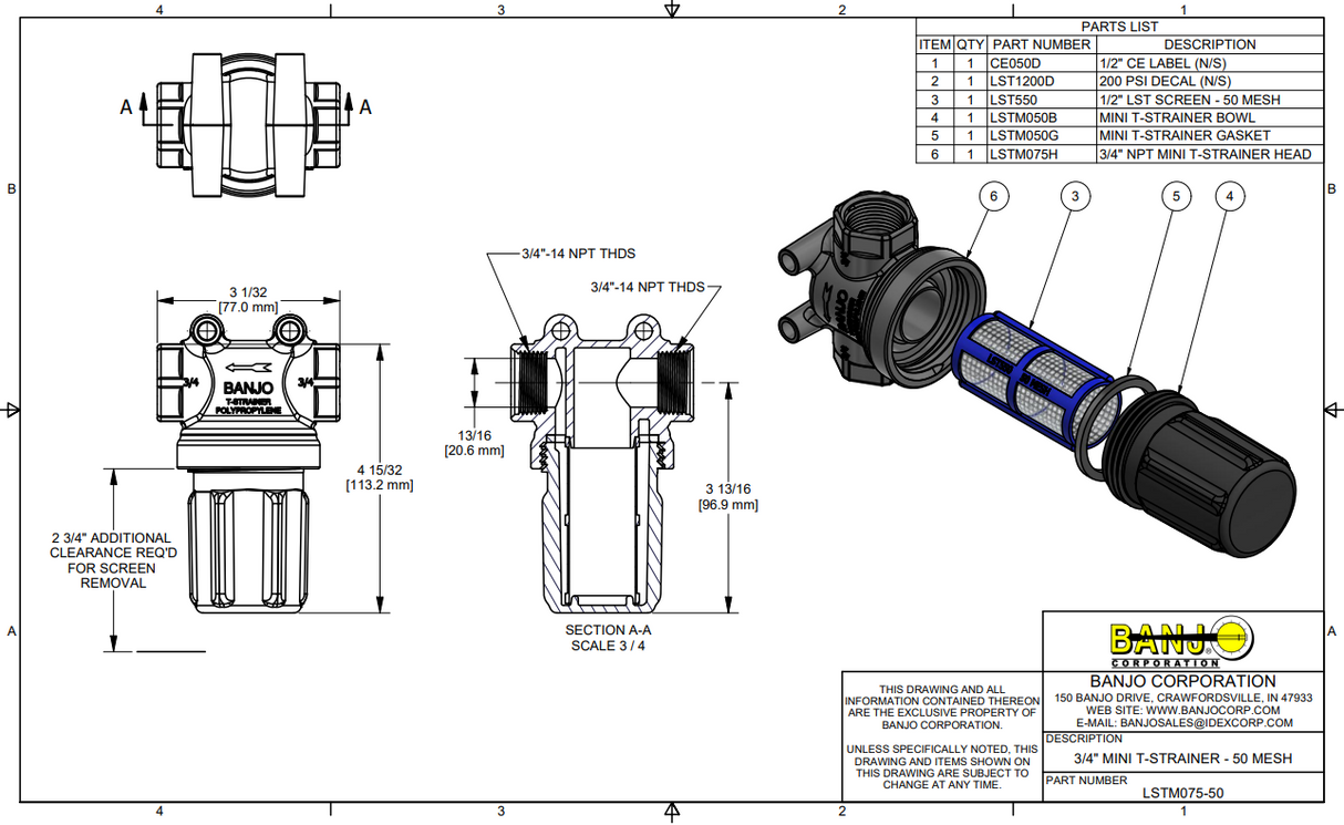 Banjo Mini T Strainer with 50 Mesh Screen and Black Bowl 3/4" X 3/4" - LSTM075-50