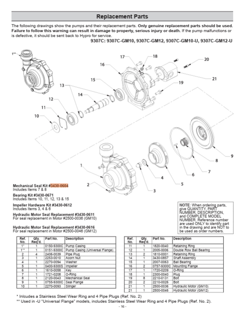 Kit de reparación de juntas tóricas/sellos de carburo de silicona Hypro Life Guard para 9307C y 9308C - 3430-0604