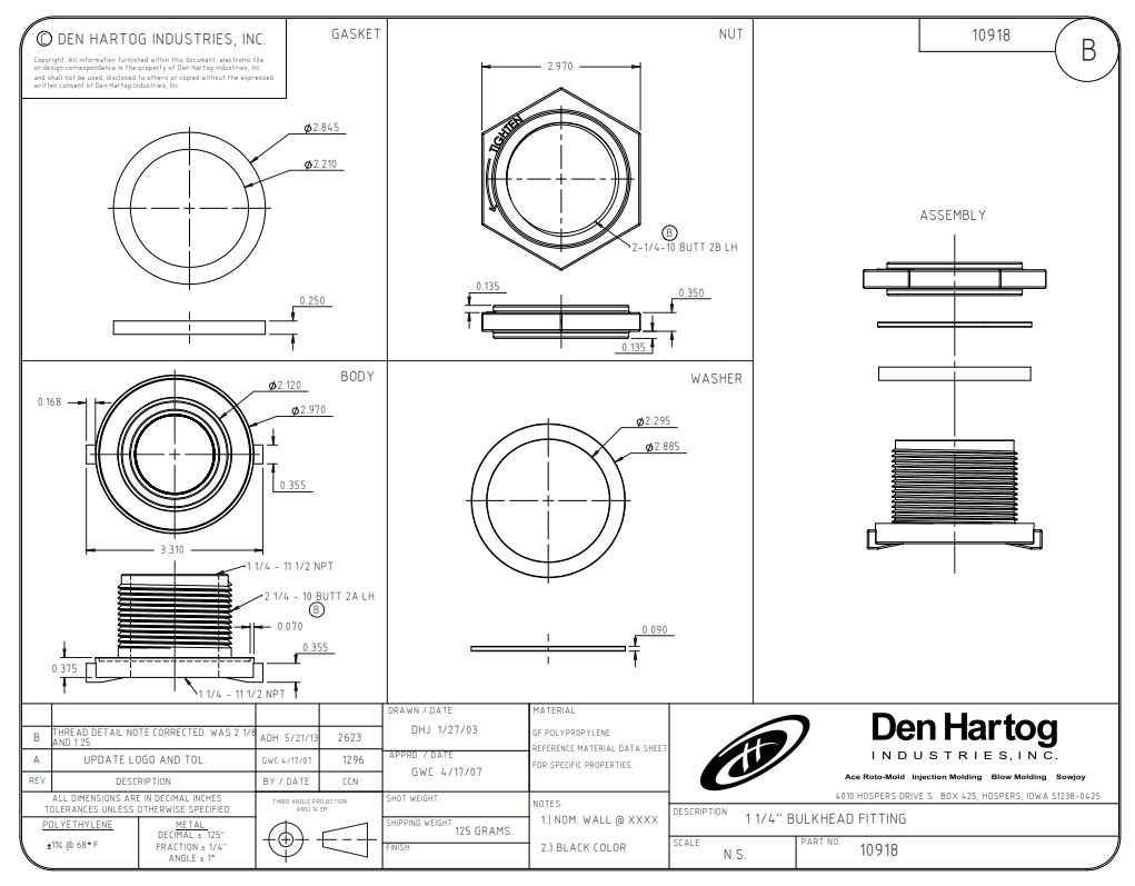 Ace Roto-Mold 1-1/4 Inch Polypropylene Bulkhead Tank Fitting - 10918
