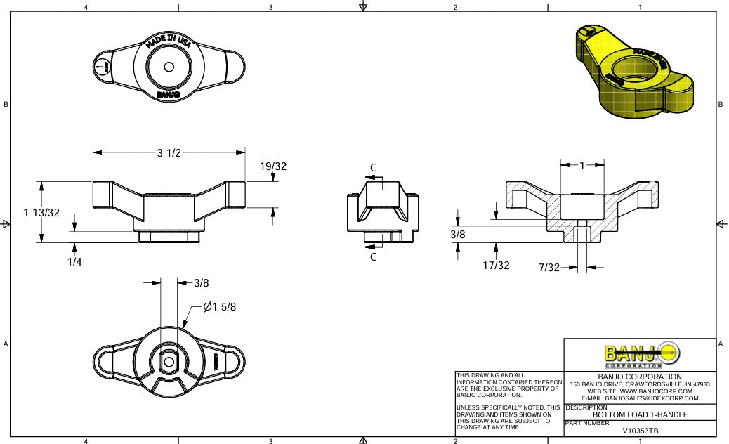Banjo Polypropylene T Handle For 3/4" And 1" Bottom Load Valve - V10353TB