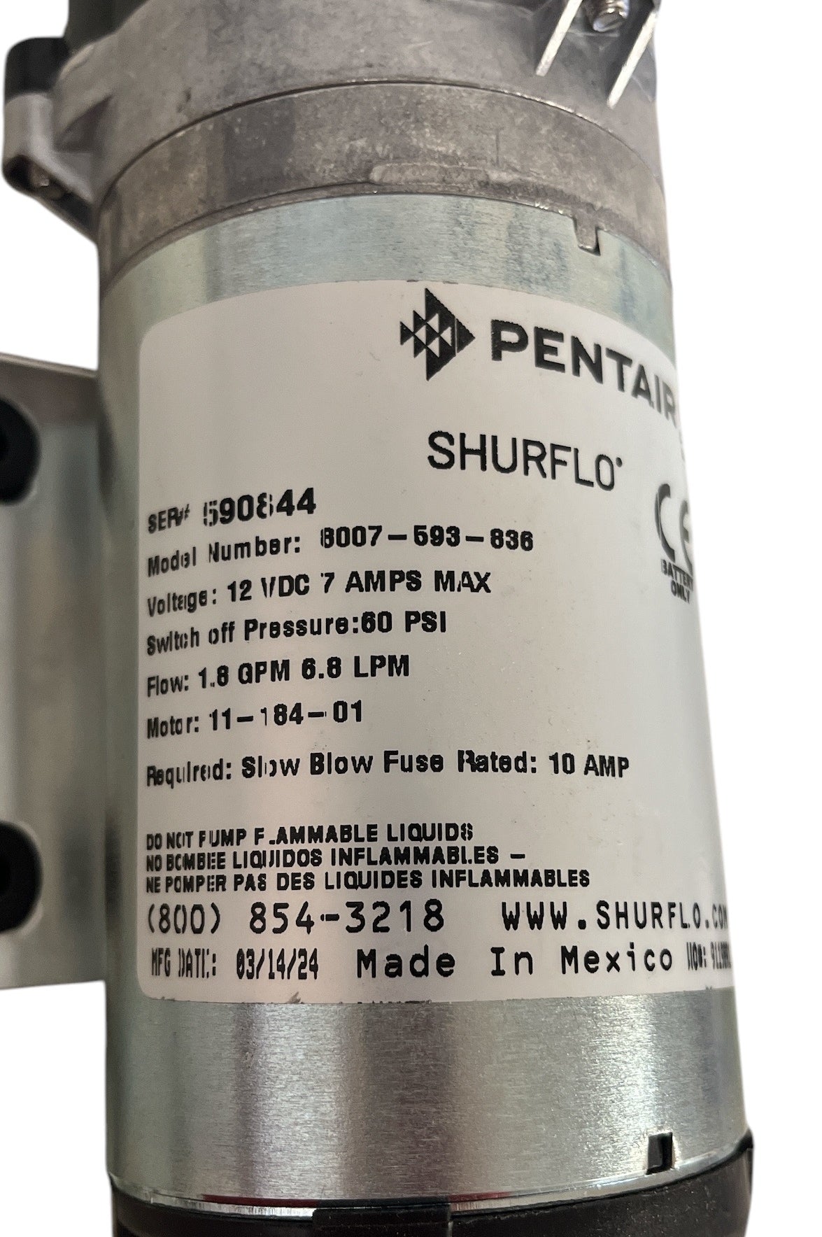 Bomba de diafragma Shurflo con paquete eléctrico de 1,8 GPM, 12 VCC - 8007-593-836
