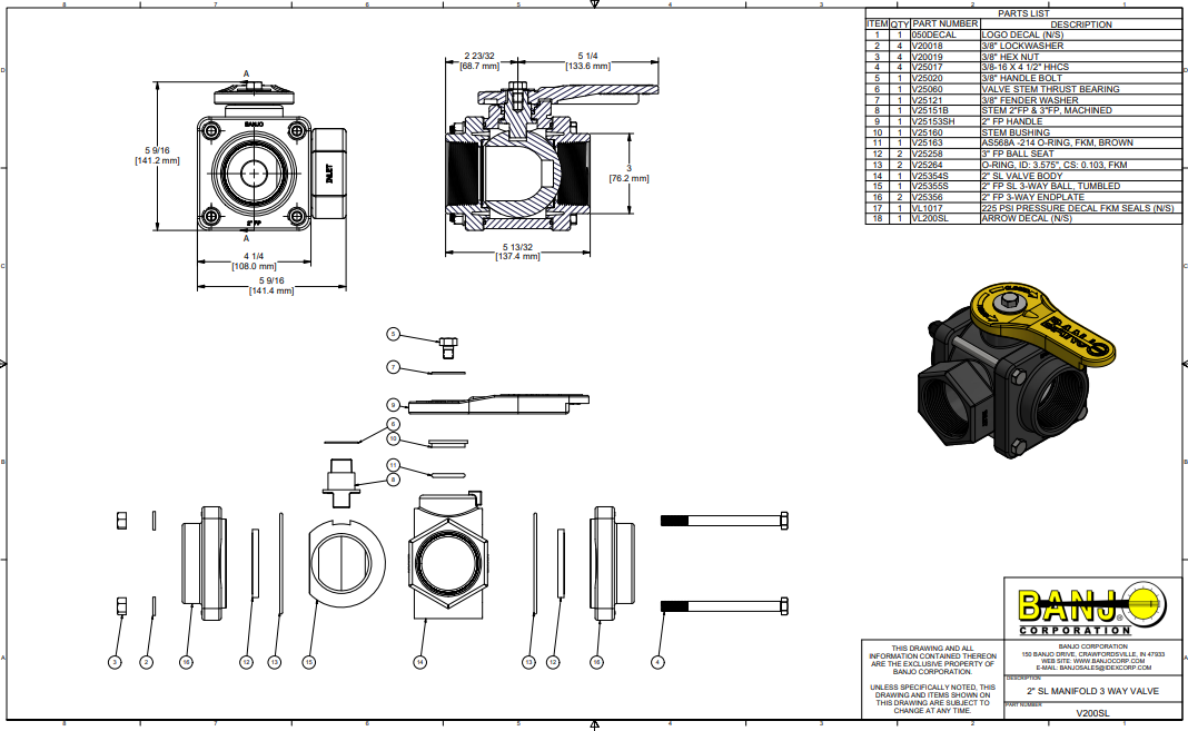 Banjo 3 Way Side Load Manifold Valve 2" FNPT X 2" FNPT X 2" FNPT - V200SL