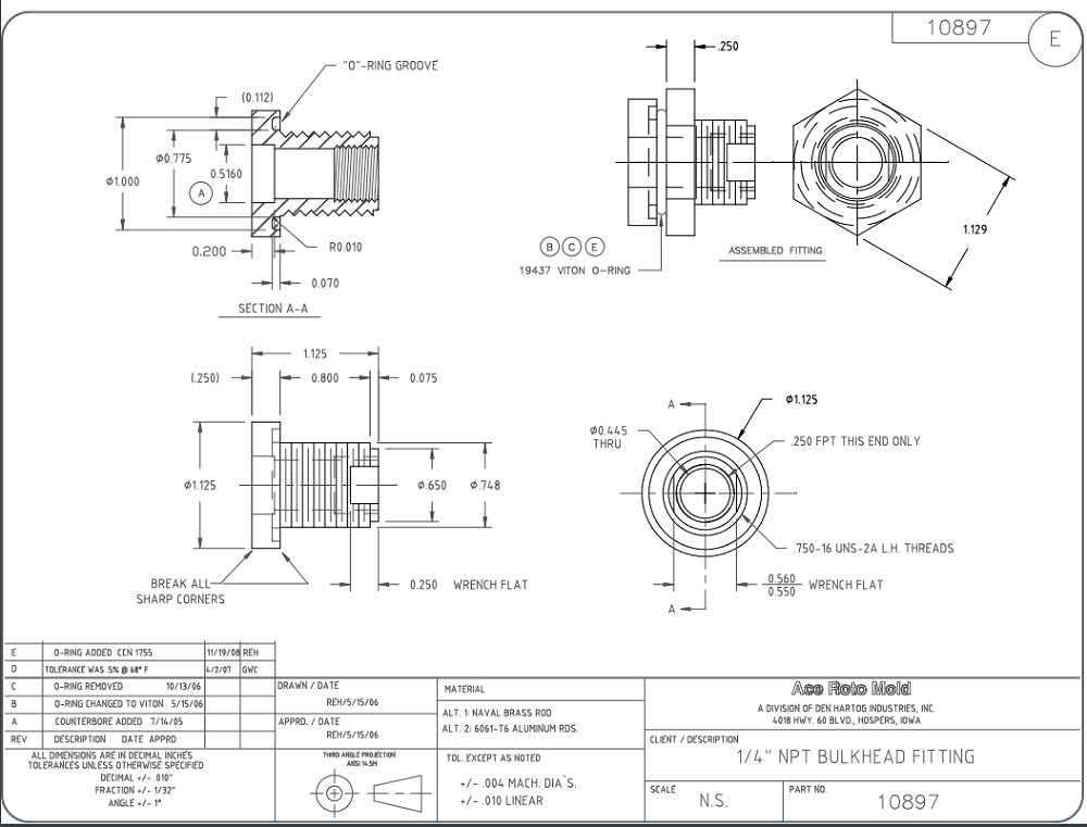 Ace Roto-Mold 1/4 Inch Brass Bulkhead Fitting (Includes Viton O-Ring) - 10897
