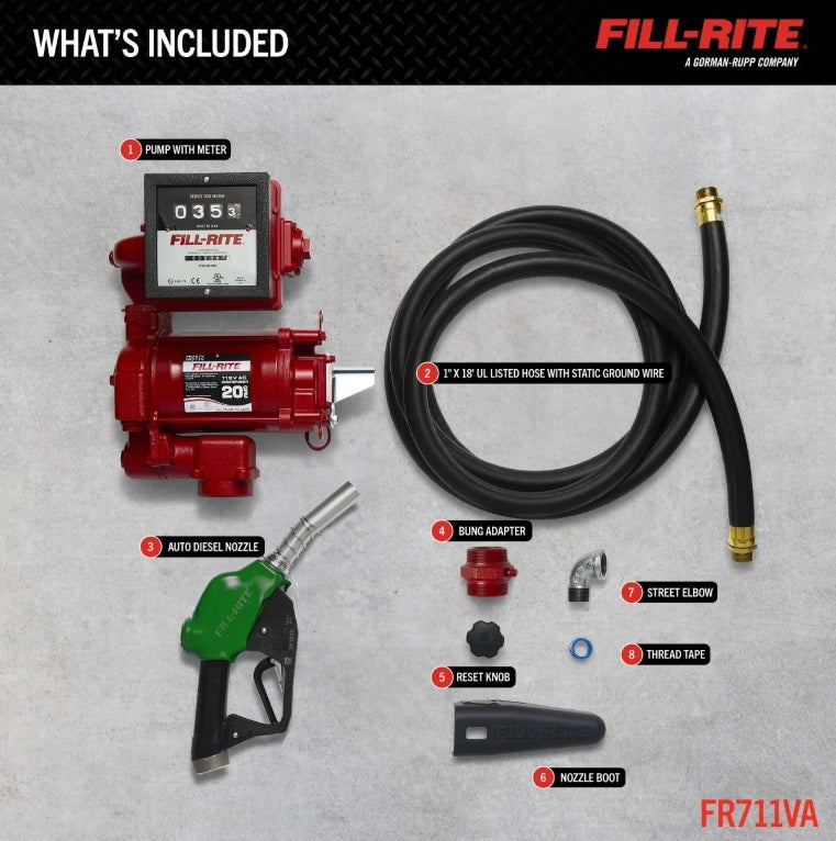 Fill Rite 20 GPM 115 Volt Cast Iron Fuel Transfer Pump With Meter, Hose, And 1" Nozzle - FR711VA