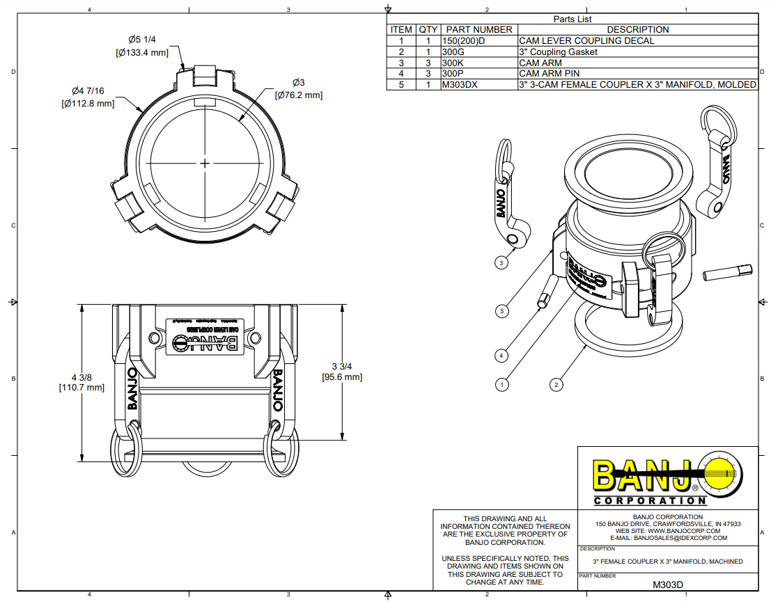 Banjo Manifold Flange Cam Lever Adapter 3" FP Flange X 3" Female Coupler - M303D