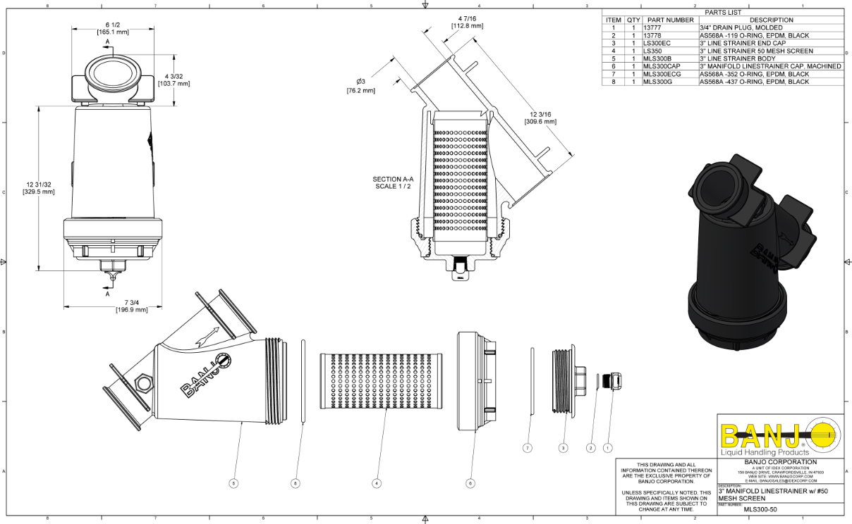 Banjo Manifold Flanged Y Strainer With 50 Mesh Screen, 3 Inch Connections - MLS300-50