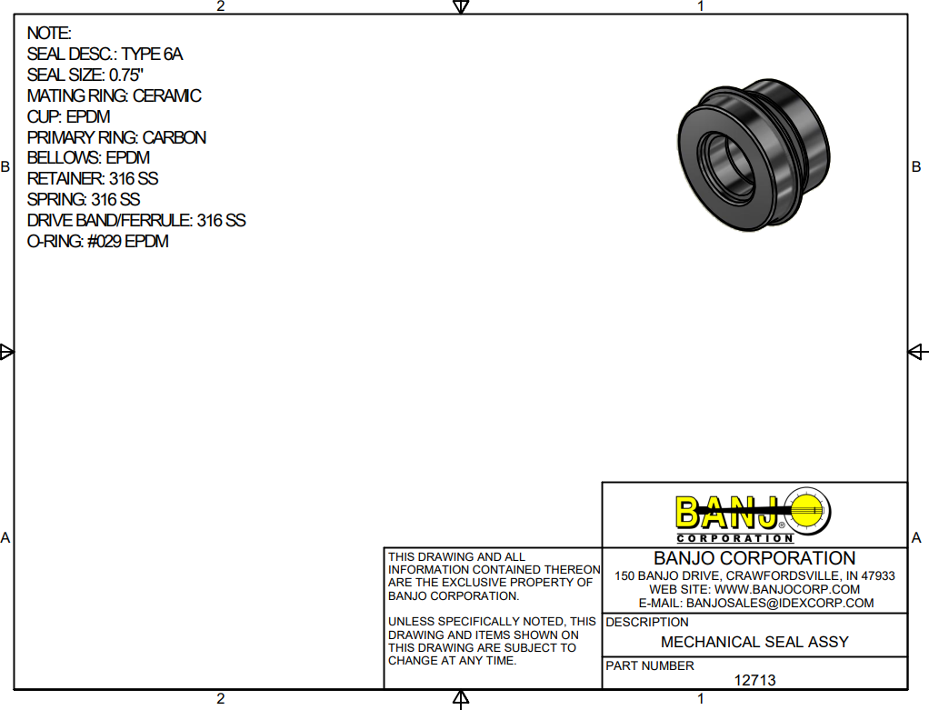 Banjo EPDM Mechanical Seal Assembly For Poly Pumps - 12713