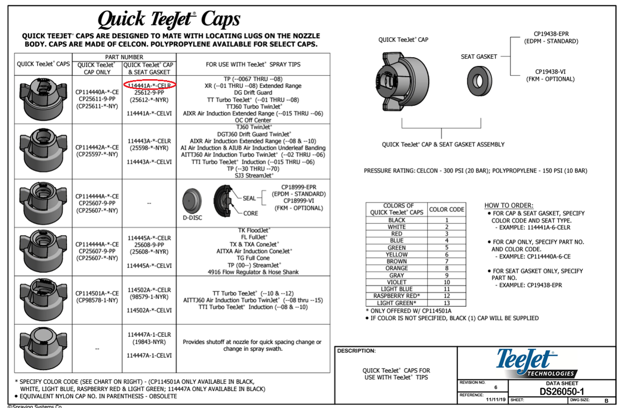 TeeJet Gray Spray Tip Quick Cap And Gasket Assembly - 114441A-9-CELR