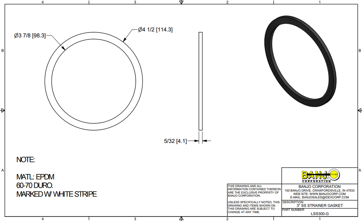 Banjo 3 inch Stainless Steel Line Strainer Gasket for LSS300 Strainer - LSS300-G