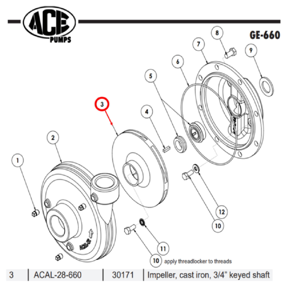 Ace Pumps Cast Iron Replacement Impeller, 3/4" Keyed Shaft - ACAL-28-660 (30171)